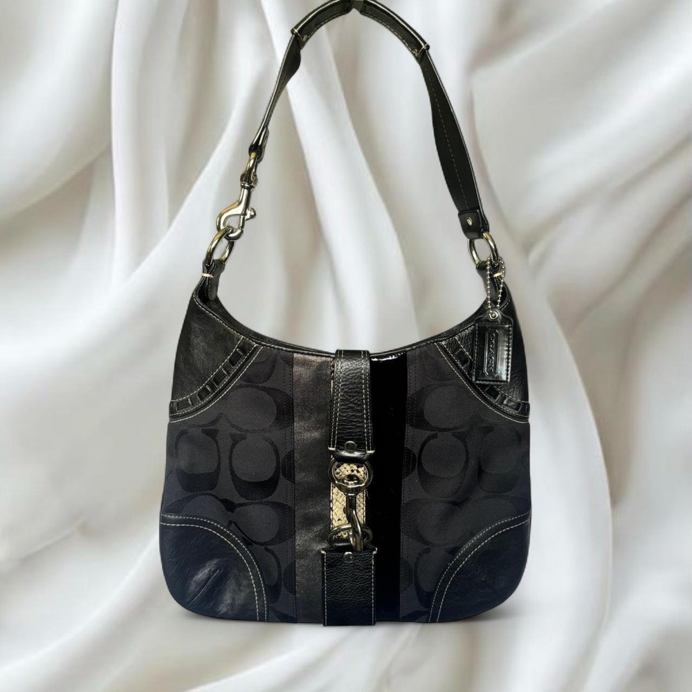 Y2K vintage Coach Hamptons Hobo Bag black patchwork with python leather stripe